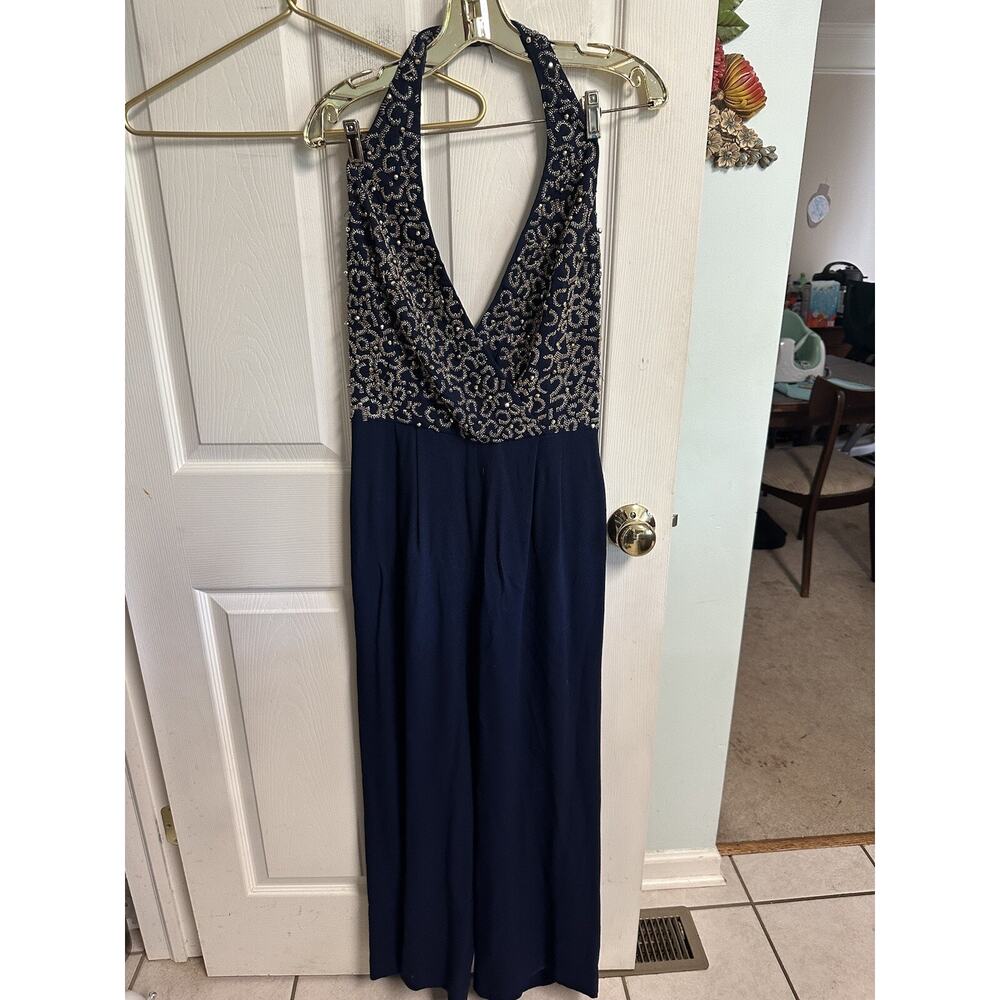 Vnt 90s Lime Nite Beaded Cocktail Jumpsuit Blue Gold Beaded Halter Med 8 Fancy